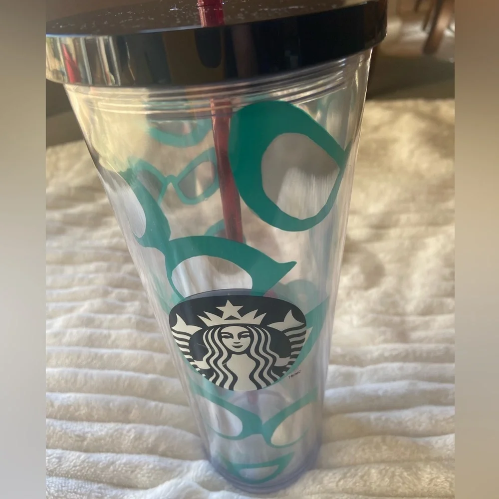 Starbucks MIRRORED CAT EYE SUNGLASSES Teal Venti Cup Tumbler Excellent Condition